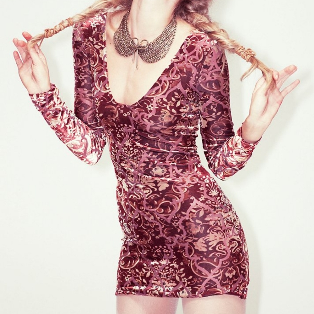 FREE PEOPLE Velvet Burnout Merlot Long Sleeve Dress sz S